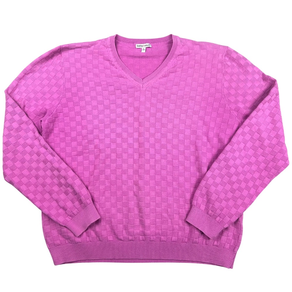 Bette & Court Womens L Checkered V Neck Long Sleeve Pullover Sweater Pink